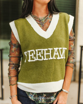 YEEHAW Lightweight Sweater Vest – Olive Green Western Knit Top