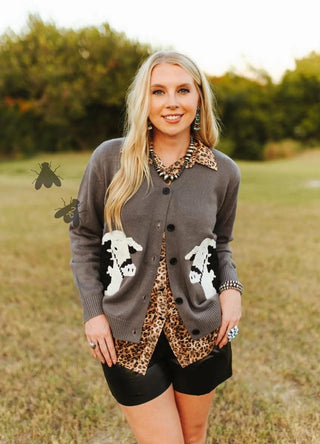 Black Baldy Cow Cardigan – Western Cow Print Knit Sweater