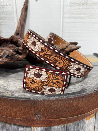 Hand-Tooled Western Leather Belt with Buck Stitch Detail – White Floral Carved Cowgirl Belt-140