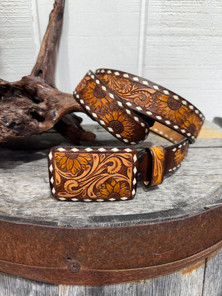 Dark Brown Background Western Sunflower Floral Tooled Belt- 141