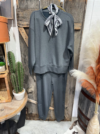 Zenana Charcoal Gray Scuba Crewneck Pullover & Jogger Set -Chic Matching Loungewear