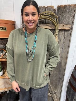 Zenana Olive Pocket Crewneck Sweatshirt - Soft Cozy Everyday Pullover