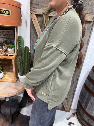 Zenana Olive Pocket Crewneck Sweatshirt - Soft Cozy Everyday Pullover