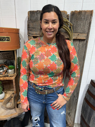 Desert Fiesta Jewel tones Retro Mesh Long Sleeve Top – Multicolor Western Print
