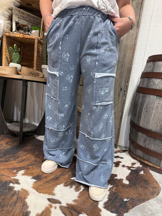 Blue Western Sketch Print Wide Leg Pants | Cowgirl Lounge Style