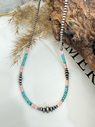 Navajo Pearl, Turquoise & Pink Heishi Necklace | Sterling Silver Western Statement