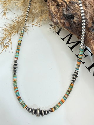 Serape Style Navajo Pearl & Turquoise Heishi Necklace | Sterling Silver Western Statement