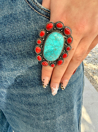 Turquoise & Red Stone Western Statement Ring – Adjustable