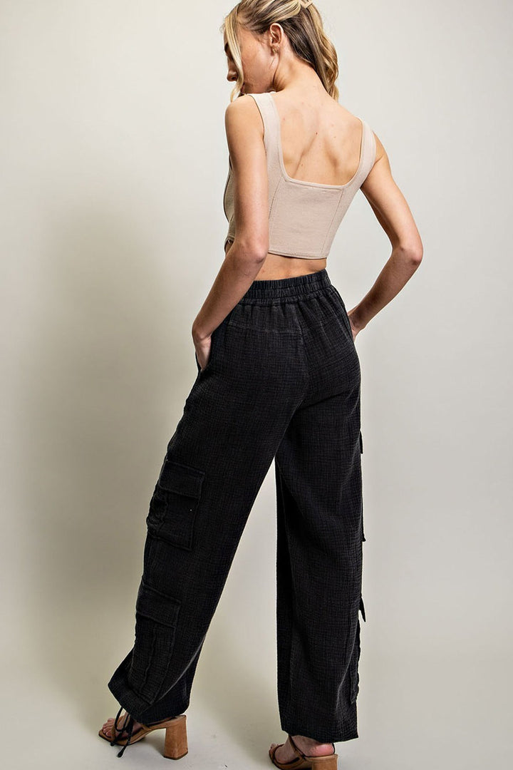 Black Mineral Washed Cotton Gauze Cargo Pants
