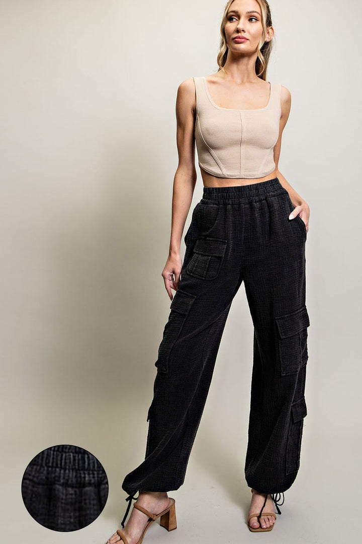 Black Mineral Washed Cotton Gauze Cargo Pants