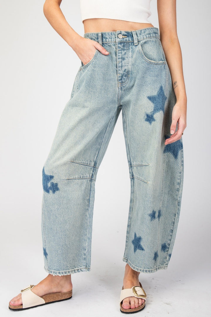 Star Printed Barrel Jeans
