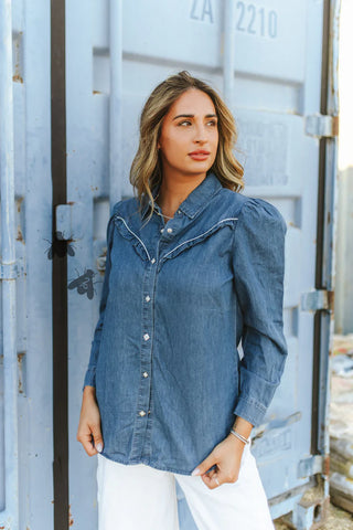 Rowdy Ruffles Long Sleeve Denim Top- Dark Wash