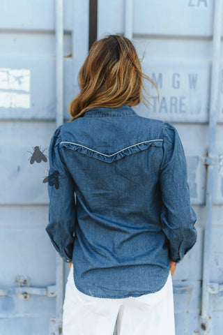 Rowdy Ruffles Long Sleeve Denim Top- Dark Wash