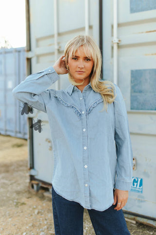 Rowdy Ruffles Long Sleeve Denim Western Yoke Top- Light Wash
