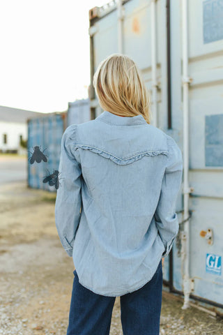 Rowdy Ruffles Long Sleeve Denim Western Yoke Top- Light Wash