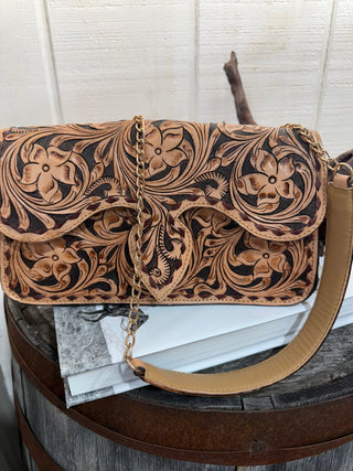 A Rare Tooled Leather Western Clutch Crossbody – Floral Hand-Tooled Purse - Barbwire n Bougie Boutique