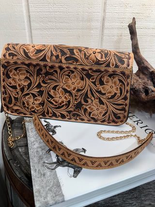 A Rare Tooled Leather Western Clutch Crossbody – Floral Hand-Tooled Purse - Barbwire n Bougie Boutique