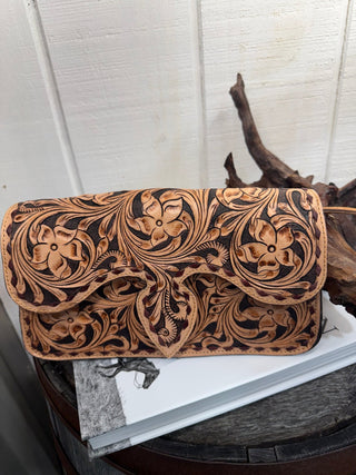 A Rare Tooled Leather Western Clutch Crossbody – Floral Hand-Tooled Purse - Barbwire n Bougie Boutique