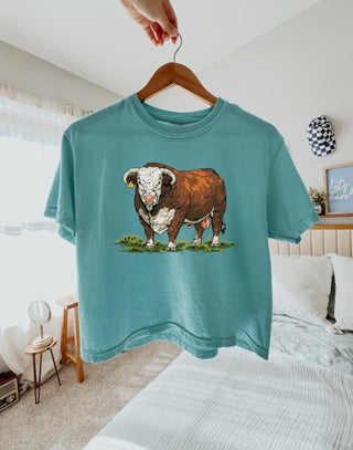 Acid Wash Hereford Bull Crop Tee – Western Graphic Cropped Comfort Colors T-Shirt for Women - Barbwire n Bougie Boutique