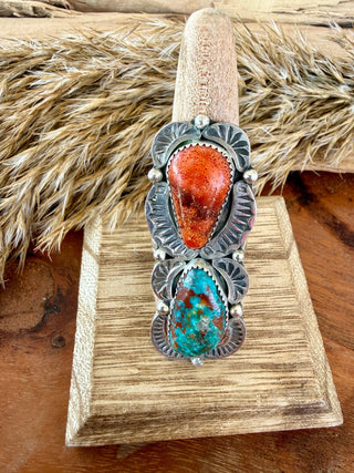 Albert Cleveland Apple Coral & Turquoise Adjustable Ring-Sterling Silver - Barbwire n Bougie Boutique