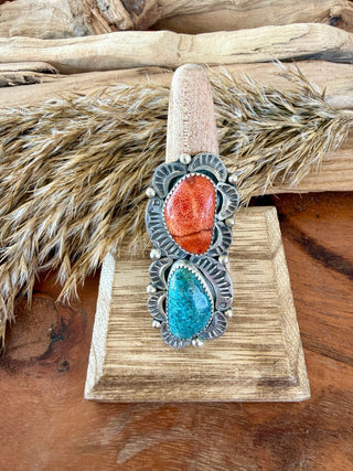 Albert Cleveland Native American Sterling Silver -Apple Coral & Kingman Turquoise Ring - Barbwire n Bougie Boutique