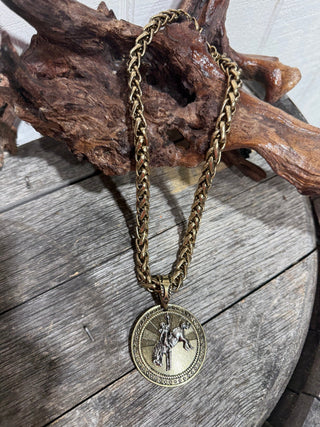 Antique Gold Bucking Horse Medallion Necklace | Heavy Chain Western Statement Necklace 18” - Barbwire n Bougie Boutique