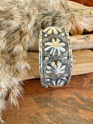Antone Harley Native American Sterling Silver Repoussé Flower Cuff Bracelet - Barbwire n Bougie Boutique