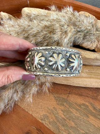 Antone Harley Native American Sterling Silver Repoussé Flower Cuff Bracelet - Barbwire n Bougie Boutique