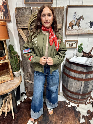 Army Green West Coast Rodeo Satin Bomber - Barbwire n Bougie Boutique