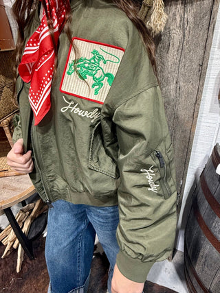 Army Green West Coast Rodeo Satin Bomber - Barbwire n Bougie Boutique