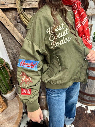 Army Green West Coast Rodeo Satin Bomber - Barbwire n Bougie Boutique