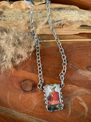 Art by Amy Marlboro Man Western Cowboy Statement Necklace – 18” Chain - Barbwire n Bougie Boutique