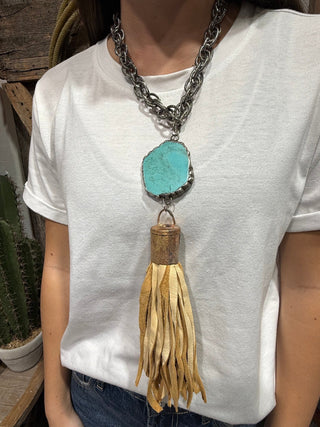 Art By Amy Turquoise Slab & Leather Tassel Statement Necklace - Barbwire n Bougie Boutique