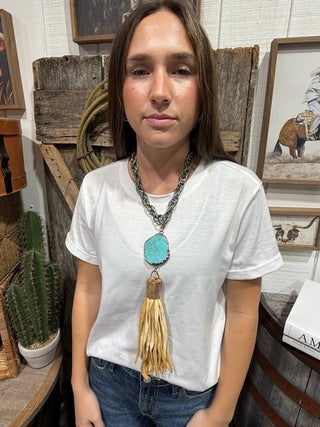 Art By Amy Turquoise Slab & Leather Tassel Statement Necklace - Barbwire n Bougie Boutique
