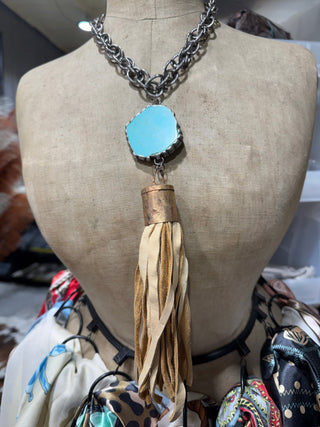 Art By Amy Turquoise Slab & Leather Tassel Statement Necklace - Barbwire n Bougie Boutique