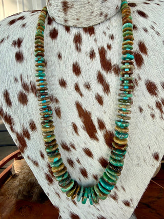Authentic Kingman Turquoise Graduated Disc Necklace – Native Hand-Strung 24” - Barbwire n Bougie Boutique