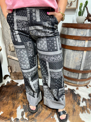 Black Bandana Print Wide Leg Pants for Women – Elastic Waist Western Palazzo Pants, Cowgirl Boutique Bottoms - Barbwire n Bougie Boutique