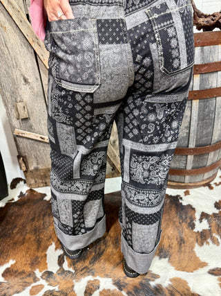 Black Bandana Print Wide Leg Pants for Women – Elastic Waist Western Palazzo Pants, Cowgirl Boutique Bottoms - Barbwire n Bougie Boutique