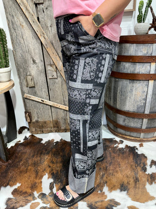Black Bandana Print Wide Leg Pants for Women – Elastic Waist Western Palazzo Pants, Cowgirl Boutique Bottoms - Barbwire n Bougie Boutique