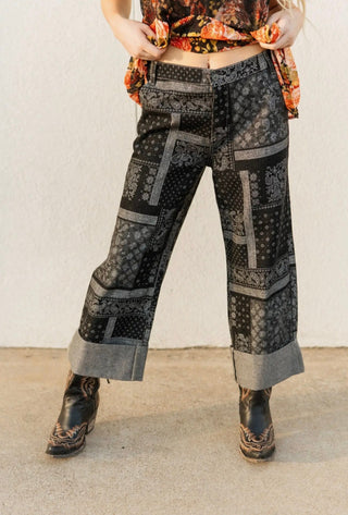 Black Bandana Print Wide Leg Pants for Women – Elastic Waist Western Palazzo Pants, Cowgirl Boutique Bottoms - Barbwire n Bougie Boutique