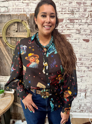 Black Cowgirl Collage Sheer Balloon Sleeve Top - Barbwire n Bougie Boutique