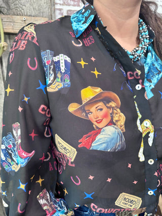 Black Cowgirl Collage Sheer Balloon Sleeve Top - Barbwire n Bougie Boutique