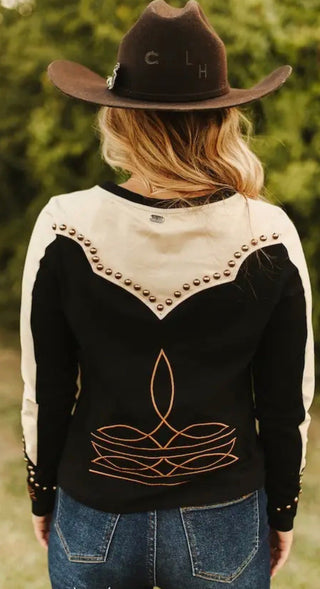 Black & Cream Western Studded Top – Vintage Cowgirl Yoke Long Sleeve Shirt-Plus Sizes Too! - Barbwire n Bougie Boutique