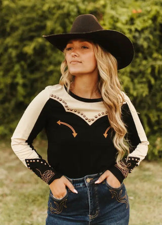 Black & Cream Western Studded Top – Vintage Cowgirl Yoke Long Sleeve Shirt-Plus Sizes Too! - Barbwire n Bougie Boutique