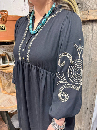 Black Embroidered Western Babydoll Dress | Boho Cowgirl Long Sleeve Dress - Barbwire n Bougie Boutique