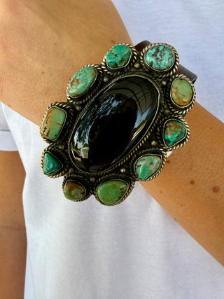 Black Onyx & Turquoise Leather Cuff Bracelet | Southwestern Statement Cuff - Barbwire n Bougie Boutique