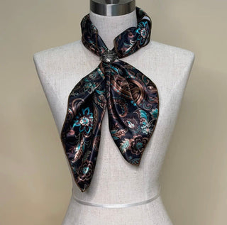 Black Paisley Wild Rag Scarf – 28” x 28” Western Floral & Turquoise Print - Barbwire n Bougie Boutique