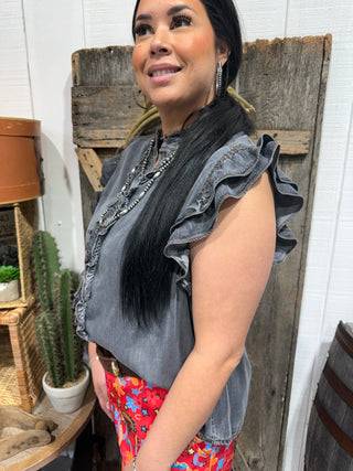 Black Ruffle Washed Denim Button-Up Top | Sleeveless Tencel Chambray Blouse - Barbwire n Bougie Boutique