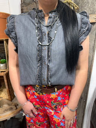 Black Ruffle Washed Denim Button-Up Top | Sleeveless Tencel Chambray Blouse - Barbwire n Bougie Boutique