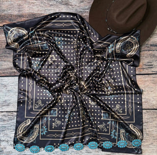 Black Silk Western Wild Rag Scarf – 100% Silk Polka Dot & Horseshoe Cowgirl Scarf - Barbwire n Bougie Boutique